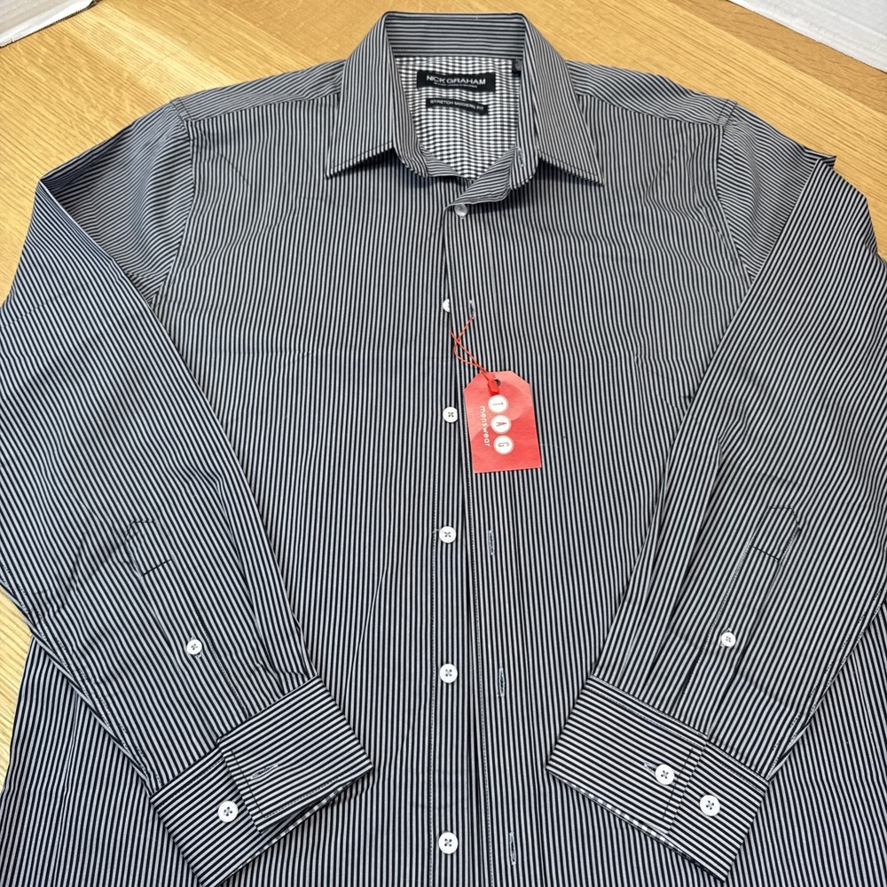 F3- Nick Graham Men's  Stretch Modern Fit Shirt Black Gray‎ Stripped Sz Lg